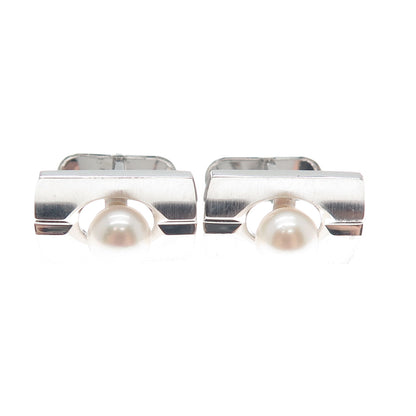 900 Silver Vintage Japan Real Akoya Pearl Modernist Cufflinks