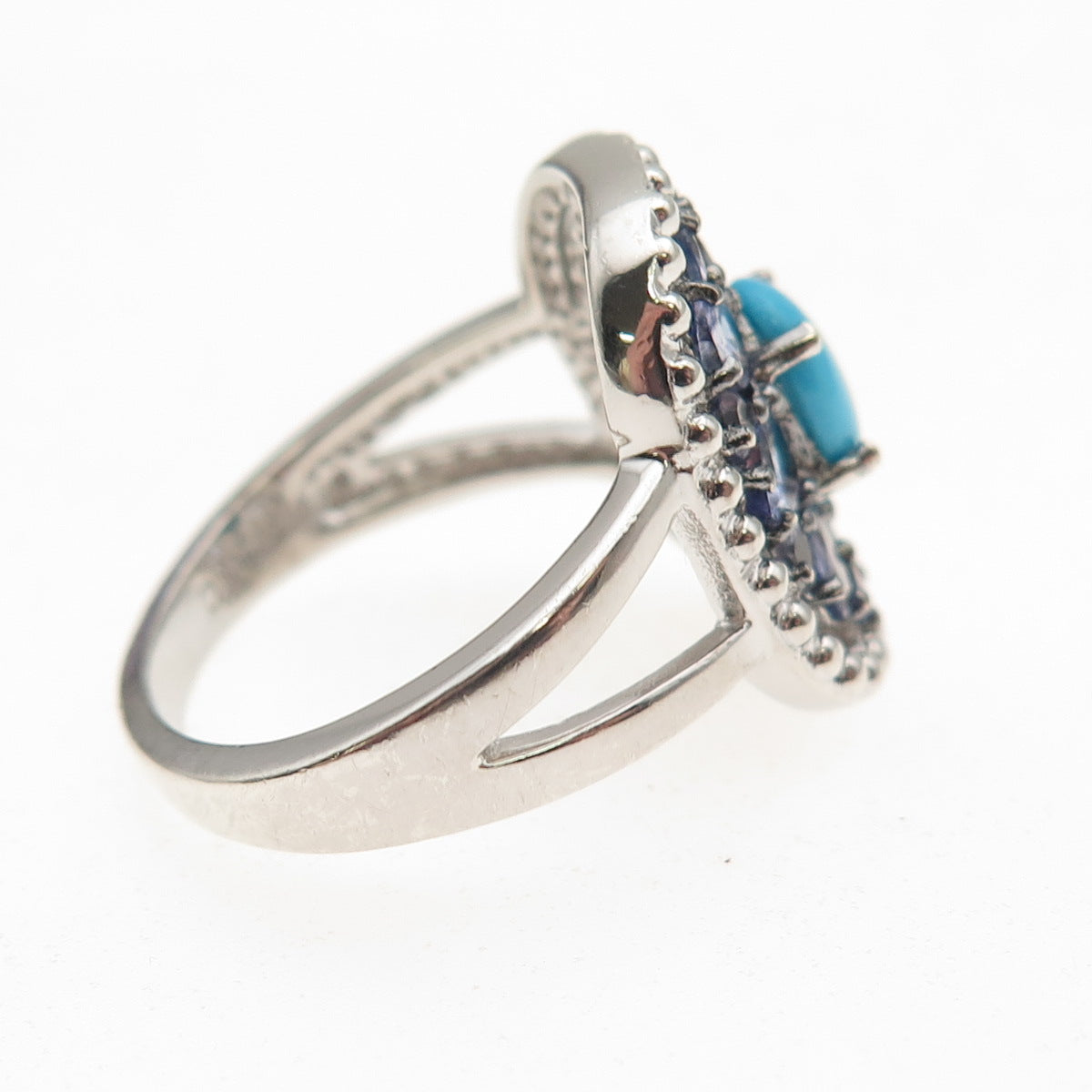 925 Sterling Silver Real Turquoise & Tanzanite Floral Ring Size 7.25