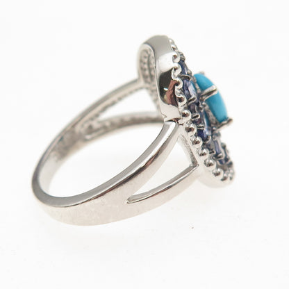 925 Sterling Silver Real Turquoise & Tanzanite Floral Ring Size 7.25