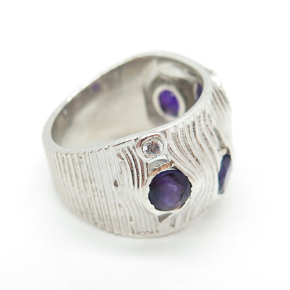 925 Sterling Silver Vintage Real Round-Cut Amethyst Modernist Ring Size 8.25