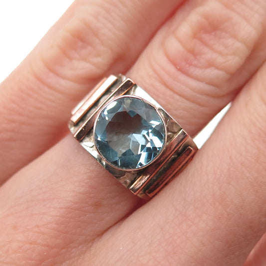 925 Sterling Silver 2-Tone Vintage Blue C Z Modernist Oxidized Ring Size 6.25