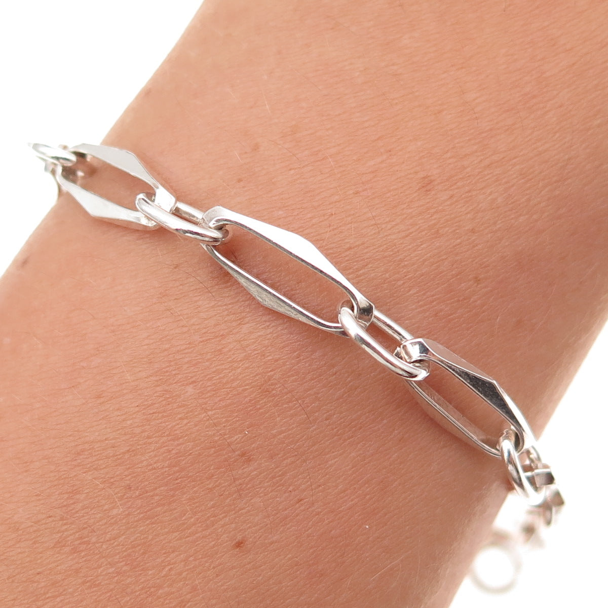 925 Sterling Silver Vintage Modernist Paperclip Link Bracelet 7"