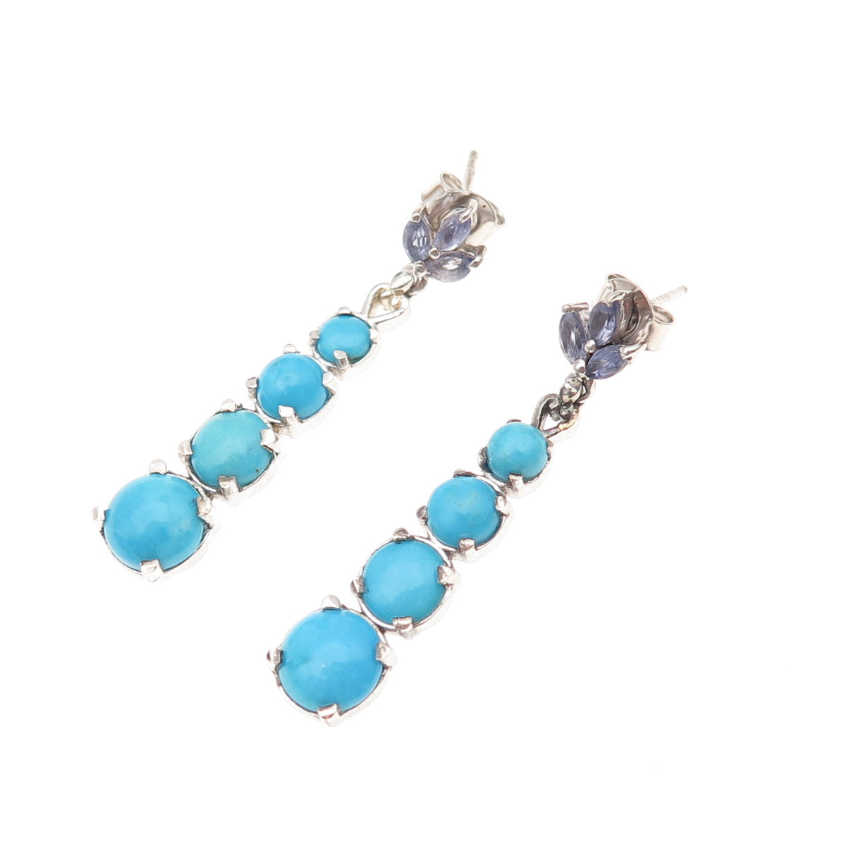 Chuck Clemency 925 Sterling Silver Real Turquoise & Tanzanite Dangle Earrings
