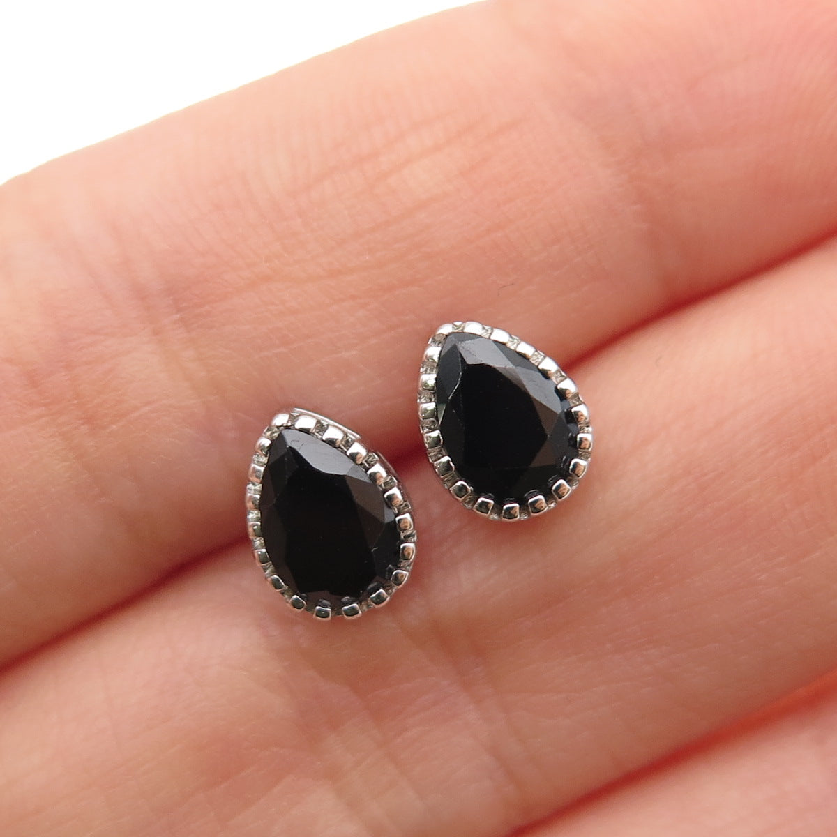 925 Sterling Silver Pear-Cut Black C Z Stud Earrings