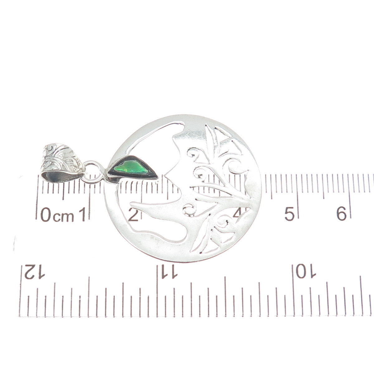 925 Sterling Silver Vintage Real Abalone Shell Lace / Ornate Round Pendant