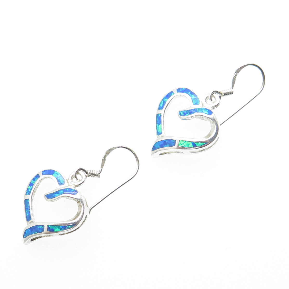 925 Sterling Silver Vintage Real Opal Heart Dangle Earrings