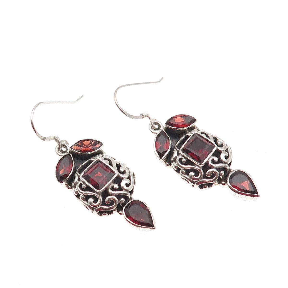 925 Sterling Silver Vintage Real Red Garnet Ornate Dangle Earrings