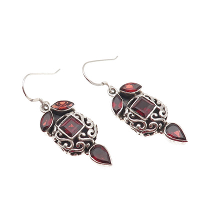 925 Sterling Silver Vintage Real Red Garnet Ornate Dangle Earrings