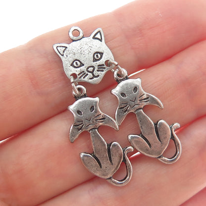 925 Sterling Silver Vintage Modernist Cat Oxidized Charm Pendant