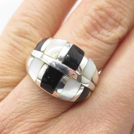 CFJ Collins Fine Jewelry Sterling Silver Vintage Black Onyx & MOP Ring Size 6.25