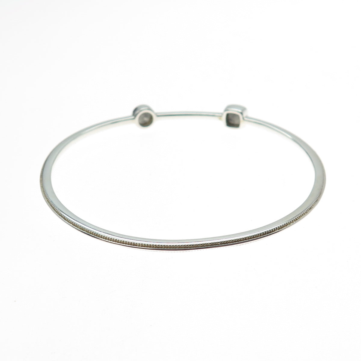 925 Sterling Silver Real Round & Cushion-Cut White Jade Bangle Bracelet 7.5"