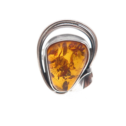 925 Sterling Silver Vintage Real Amber Modernist Calla Lily Ring Size 6.75