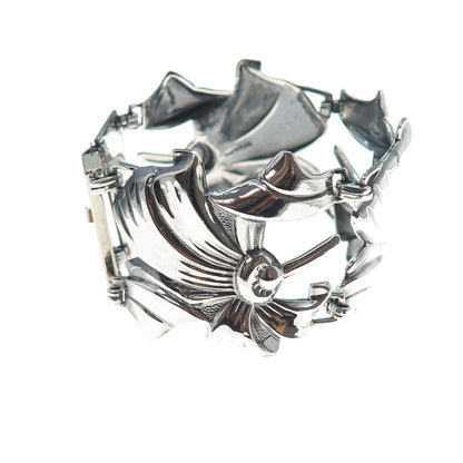 925 Sterling Silver Antique Art Deco Floral Panel Link Oxidized Bracelet 6.5"