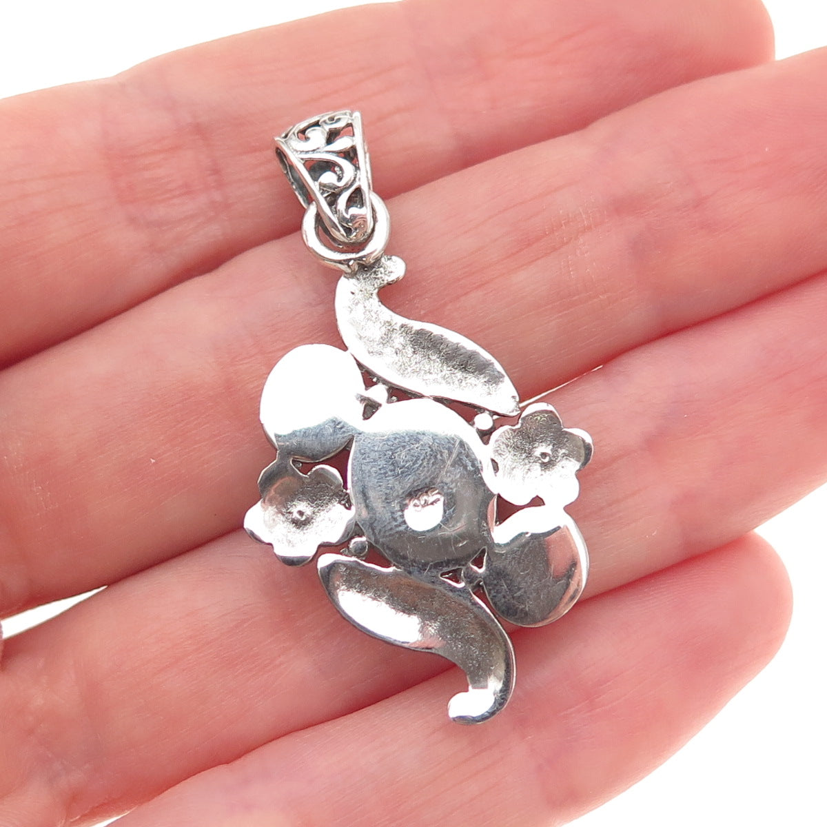 925 Sterling Silver Vintage Real Rose-Cut Diamond & Turquoise Floral Pendant