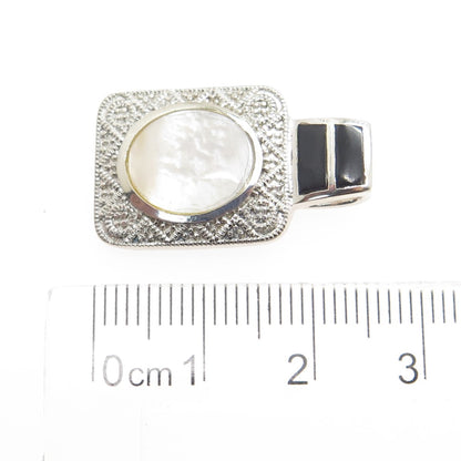 925 Sterling Silver Real Mother-of-Pearl & Black Onyx Gemstone Pendant