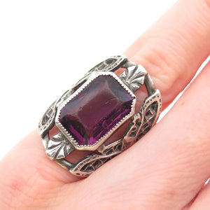 925 Sterling Silver Antique Art Deco Real Emerald-Cut Amethyst Ring Size 2