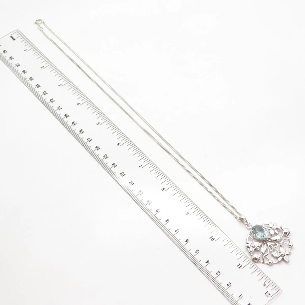 925 Sterling Silver Vintage Blue Topaz Gem Floral Cable Chain Necklace 18"