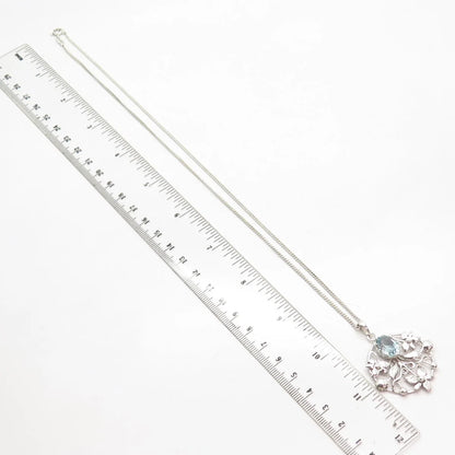 925 Sterling Silver Vintage Blue Topaz Gem Floral Cable Chain Necklace 18"