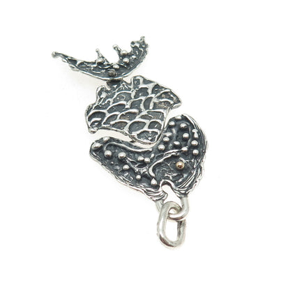 14K Gold & 925 Sterling Silver Vintage Modernist Fish Oxidized Pendant