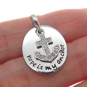 HAN 925 Sterling Silver Real Round-Cut Diamond Hope Is My Anchor Charm Pendant