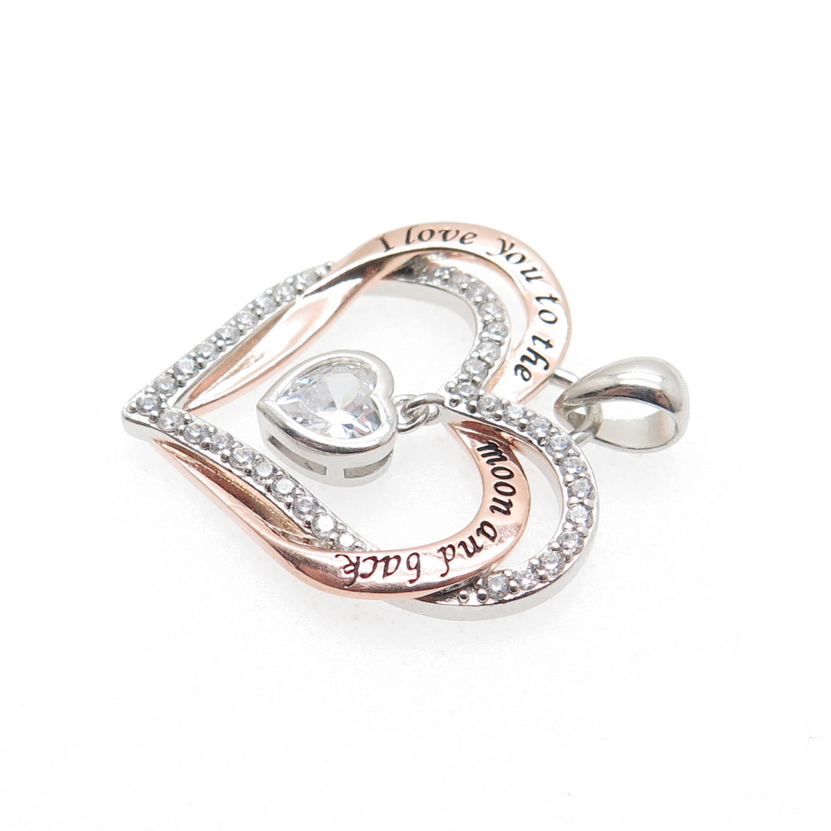 925 Sterling Silver 2-Tone C Z I Love You To The Moon & Back Heart Charm Pendant