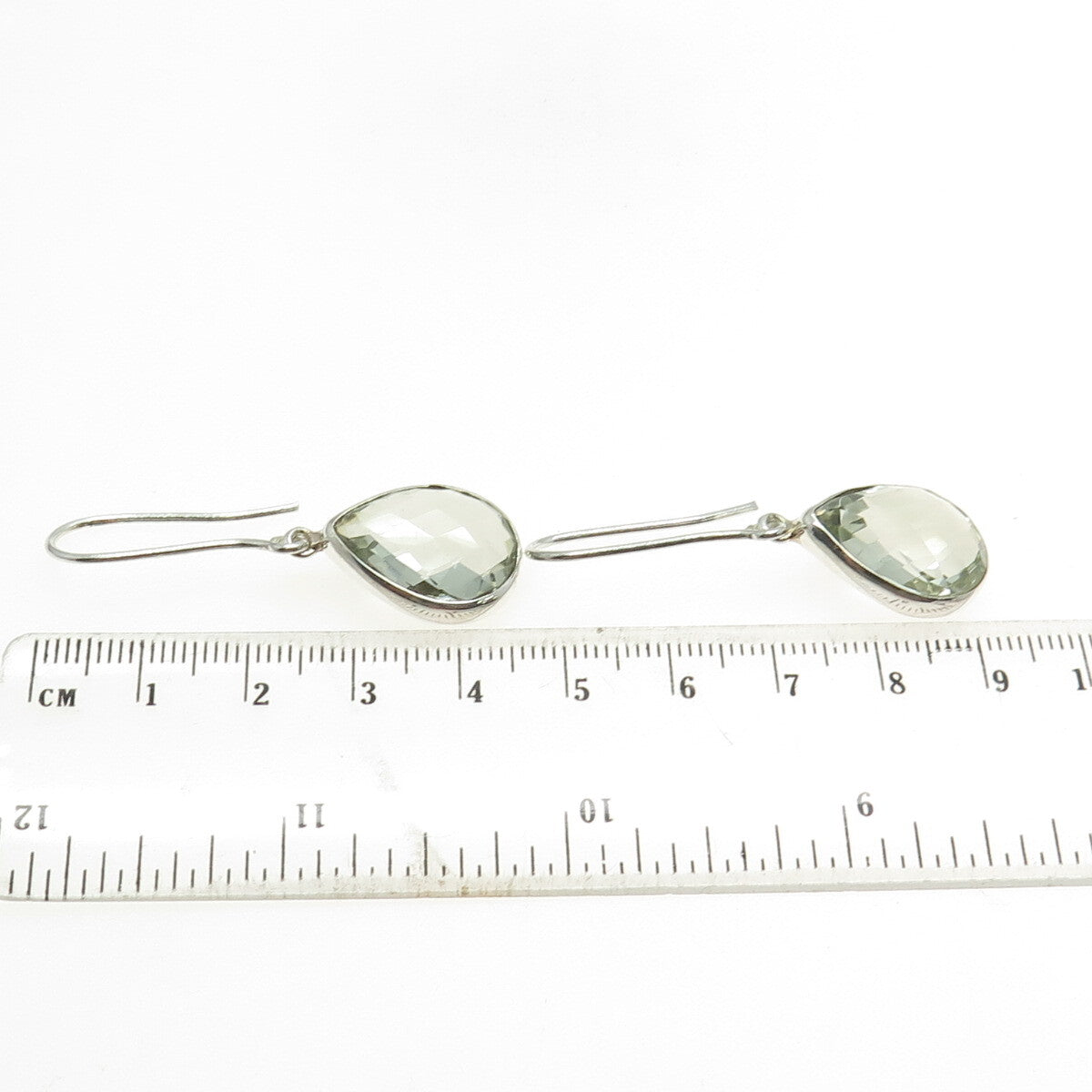 925 Sterling Silver Vintage Real Pear-Cut Green Amethyst Dangling Earrings