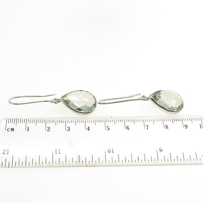 925 Sterling Silver Vintage Real Pear-Cut Green Amethyst Dangling Earrings
