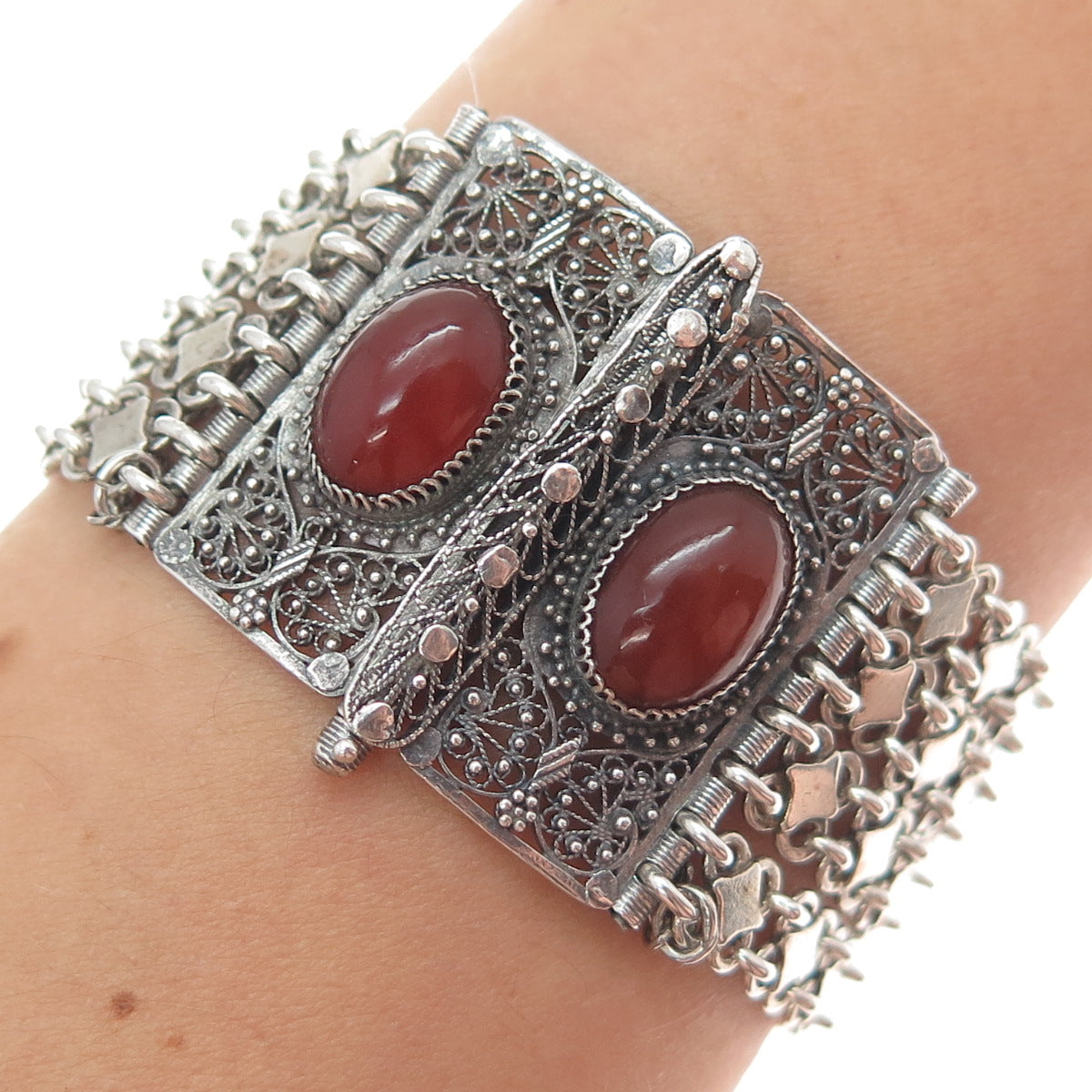 925 Sterling Silver Antique Real Carnelian Filigree Mesh Link Bracelet 6.75"