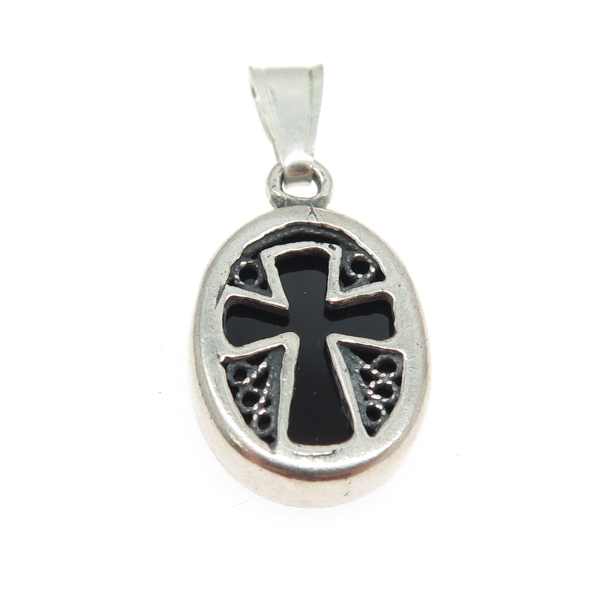 925 Sterling Silver Vintage Real Black Onyx Cross Filigree Religious Pendant