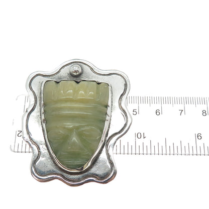 ELNA 925 Sterling Silver Vintage Mexico Real Jade Carved Mayan God Pin Brooch