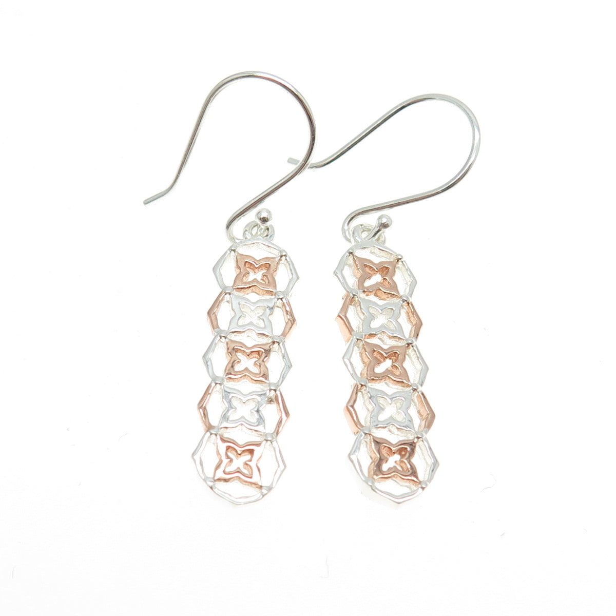 925 Sterling Silver 2-Tone Floral Link Dangling Earrings