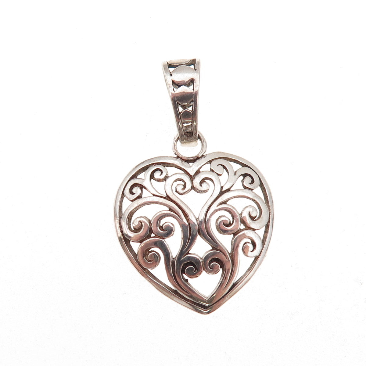 925 Sterling Silver Vintage Floral Scroll Heart Oxidized Charm Pendant