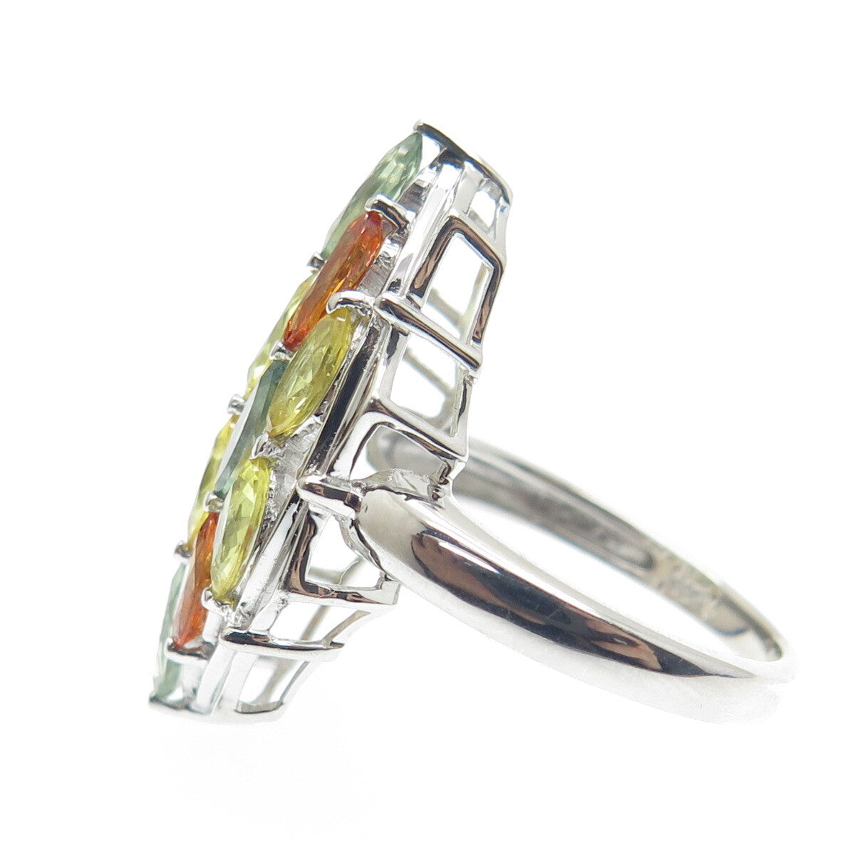 DSMK 925 Sterling Silver Real Oval-Cut Multi-Color Sapphire Cluster Ring Size 7