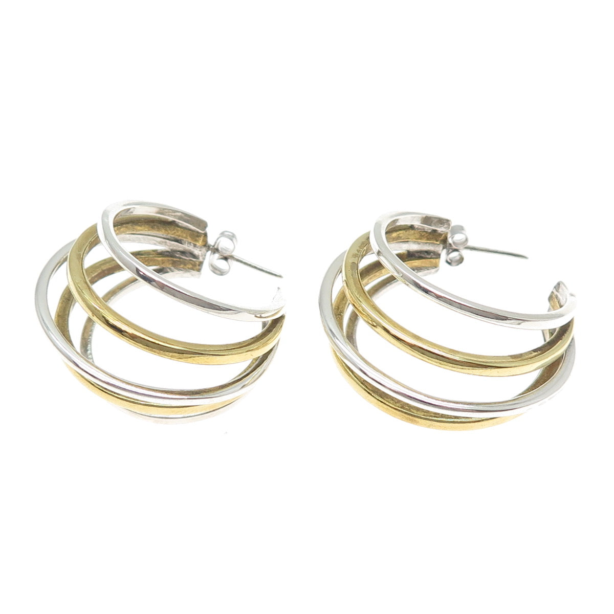 925 Sterling Silver 2-Tone Vintage Mexico Modernist Multi-Row Hoop Earrings