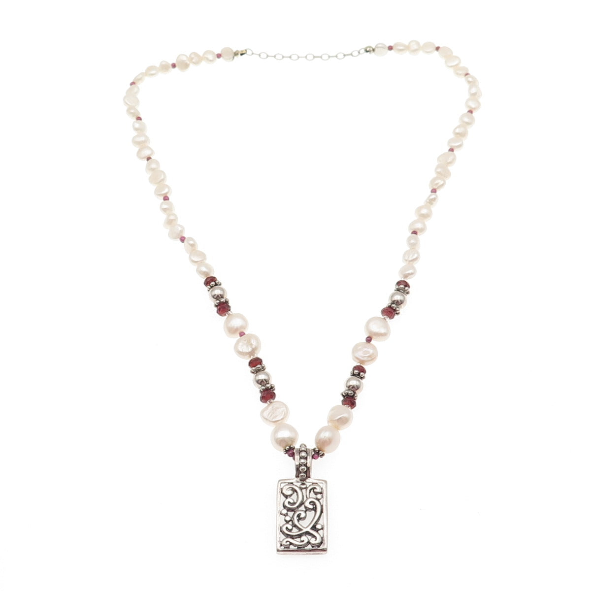 925 Sterling Silver Vintage Real Baroque Pearl Red Garnet Beaded Necklace 16-18"