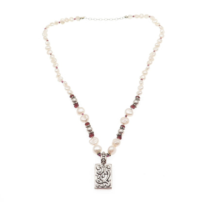 925 Sterling Silver Vintage Real Baroque Pearl Red Garnet Beaded Necklace 16-18"