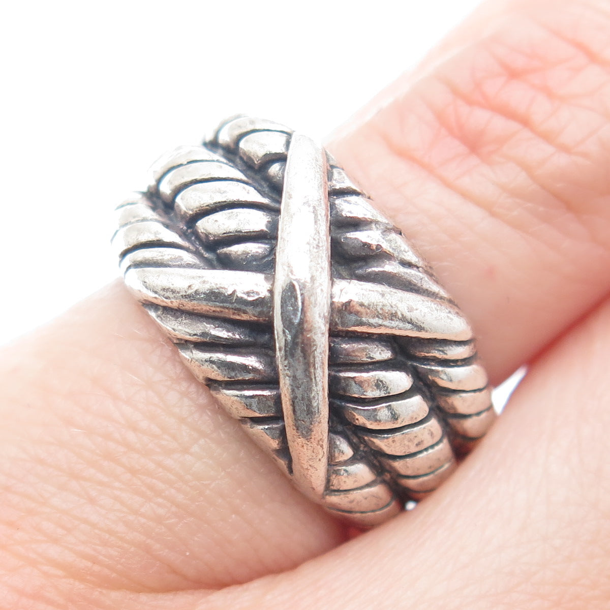 KEN CRAFTS 925 Sterling Silver Vintage Crisscross Oxidized Ring Size 5.75