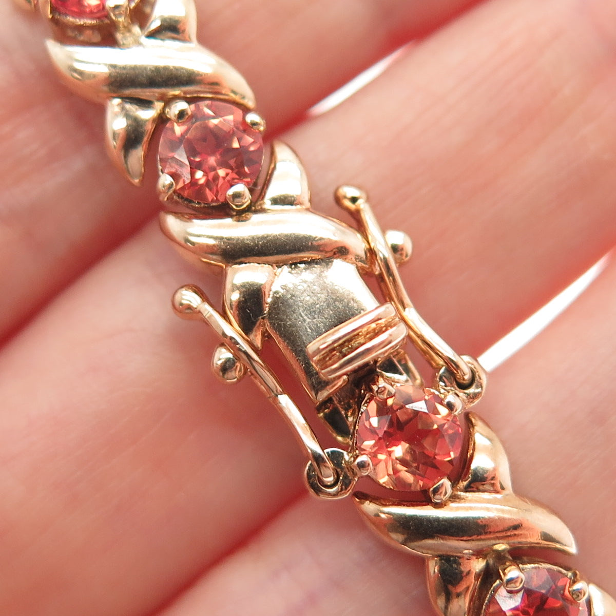 925 Sterling Rose Gold Plated Vintage Real Fire Topaz X Link Bracelet 7.5"