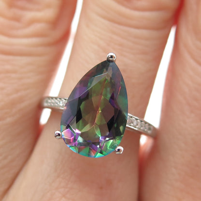 925 Sterling Silver Real Pear-Cut Mystic Quartz & Round-Cut C Z Ring Size 6.75