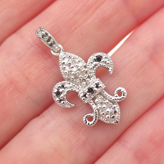 925 Sterling Silver Real Round-Cut Black & White Diamond Fleur de Lis Pendant