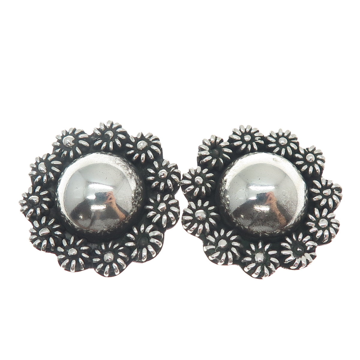925 Sterling Silver Vintage Mexico Cannetille Floral Oxidized Clip On Earrings