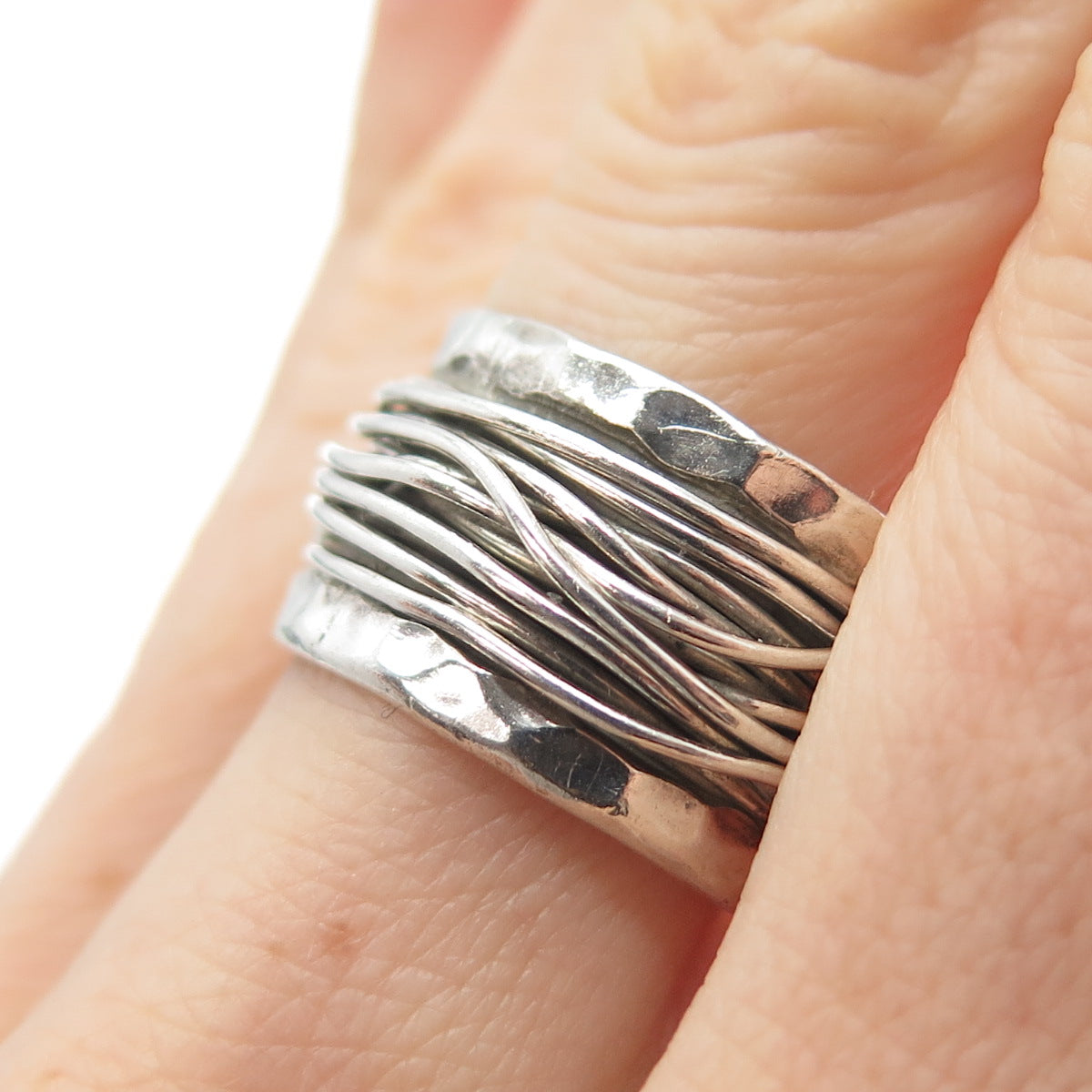925 Sterling Silver Vintage Modernist Hammered Roped Oxidized Ring Size 8.5