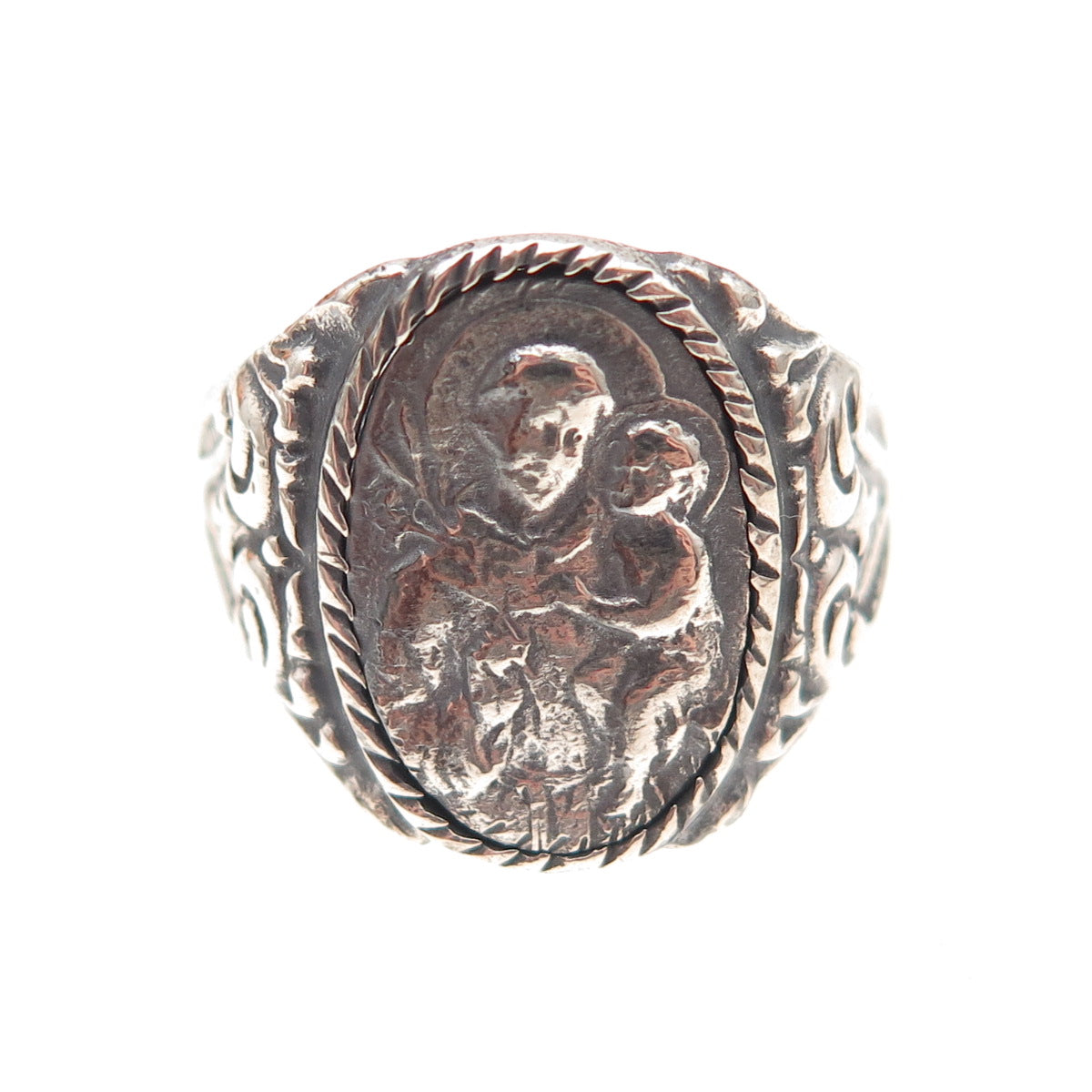 925 Sterling Silver Antique Art Deco St. Anthony Oxidized Ring Size 8.75