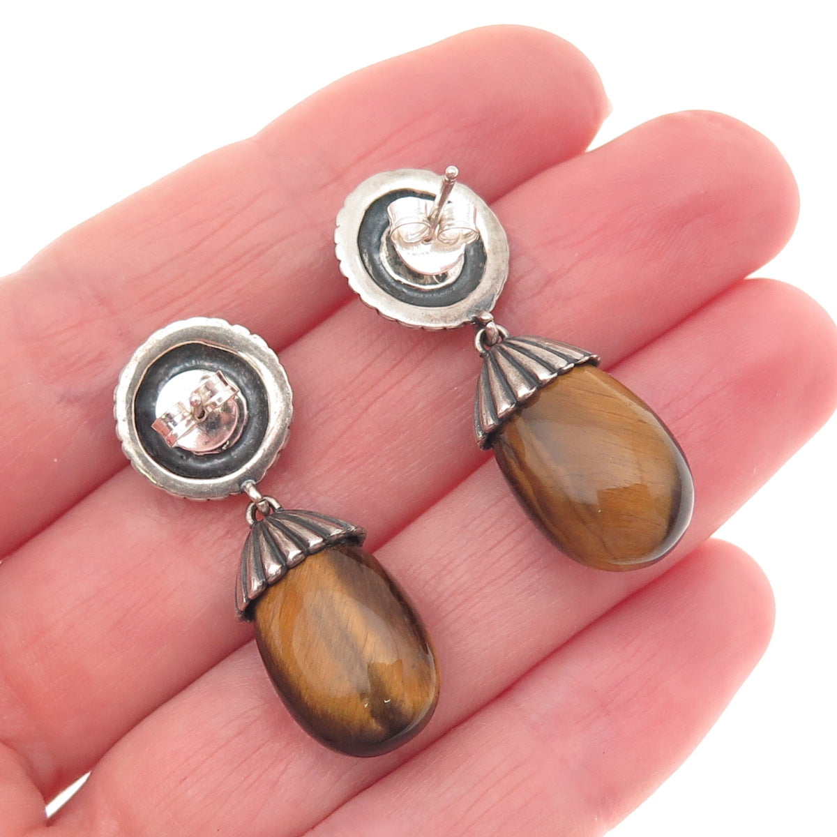 Carolyn Pollack 925 Sterling Vintage Real Tiger Eye & Carnelian Dangle Earrings