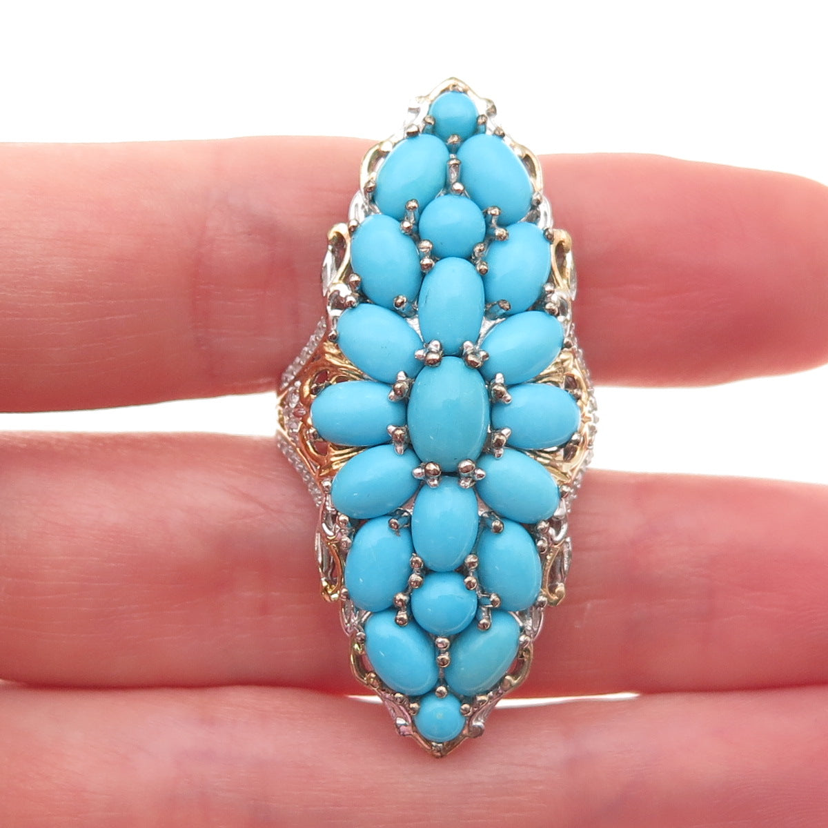 D'Joy 925 Sterling 2-Tone Real Sleeping Beauty Turquoise White Topaz Ring Size 8