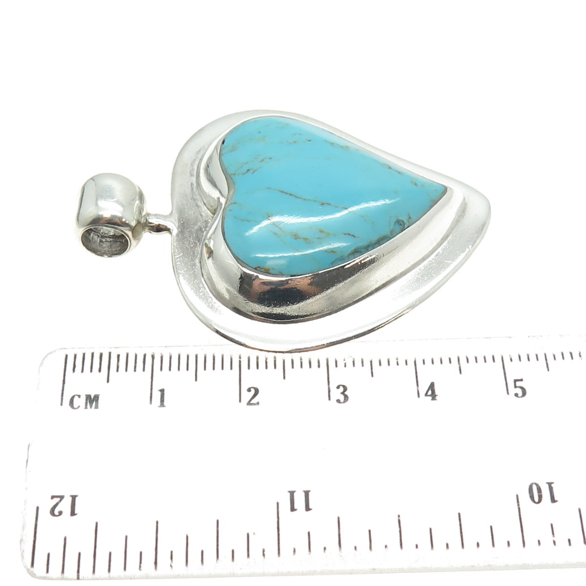 ATI 925 Sterling Silver Vintage Mexico Real Turquoise Gem Heart Slide Pendant