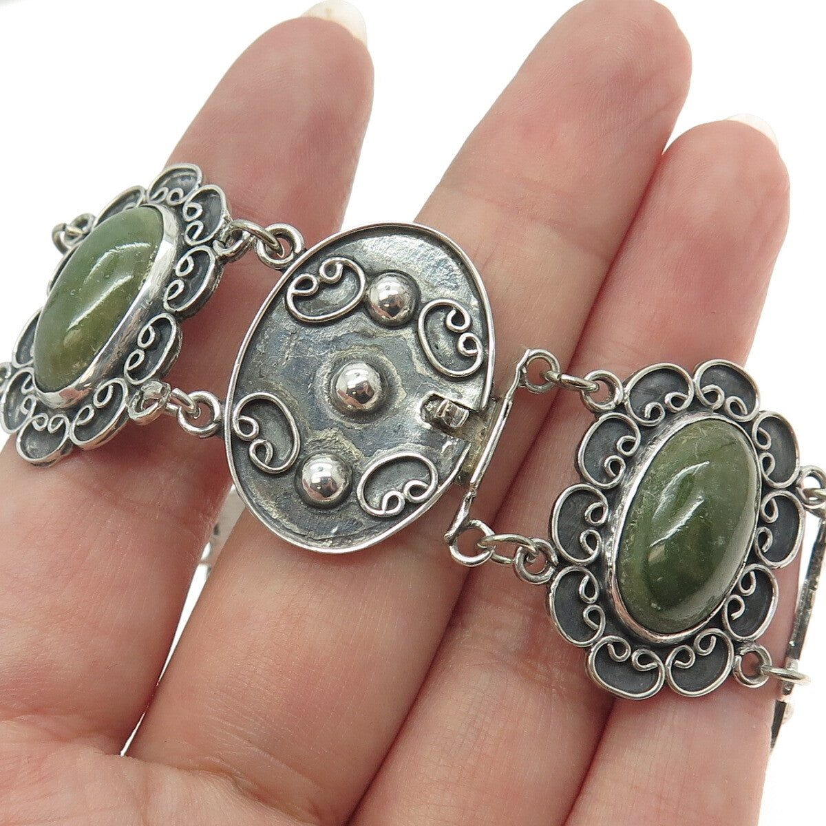 925 Sterling Silver Vintage Mexico Real Jade Floral Panel Link Bracelet 7.75"