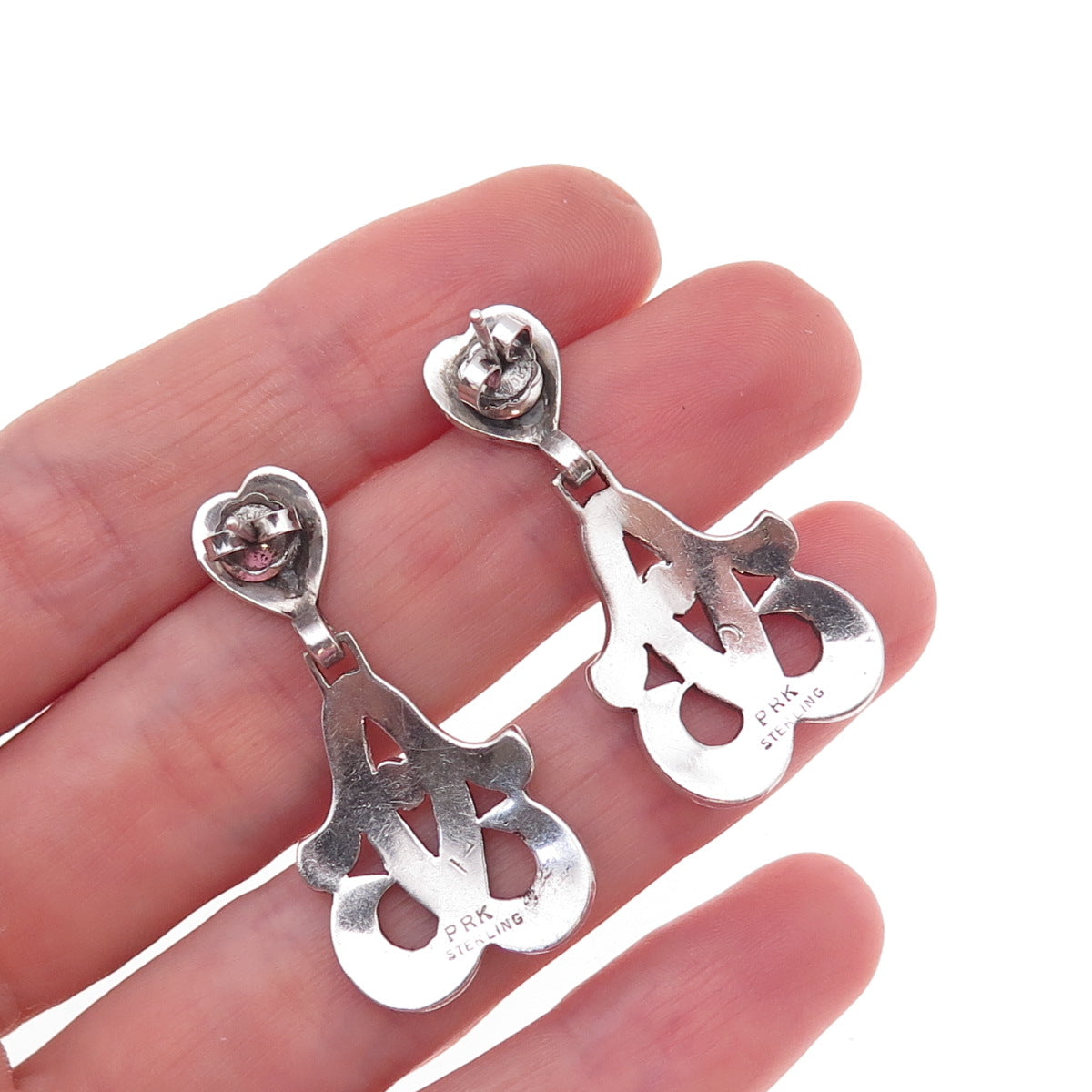 925 Sterling Silver Antique Art Deco Real Marcasite Heart Floral Dangle Earrings