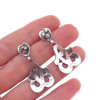 925 Sterling Silver Antique Art Deco Real Marcasite Heart Floral Dangle Earrings
