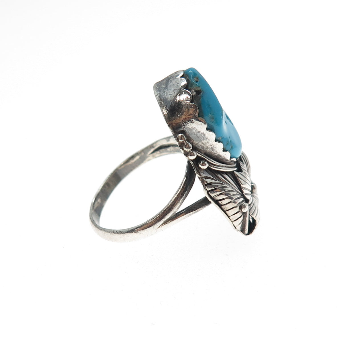 Old Pawn 925 Sterling Vintage Turquoise Flower Blossom Oxidized Ring Size 9.75